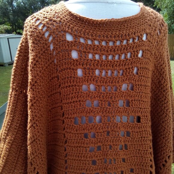 Hand Crafted Hi-Low Crochet Poncho, Color Orange, Size one size fitted most. - Picture 5 of 7